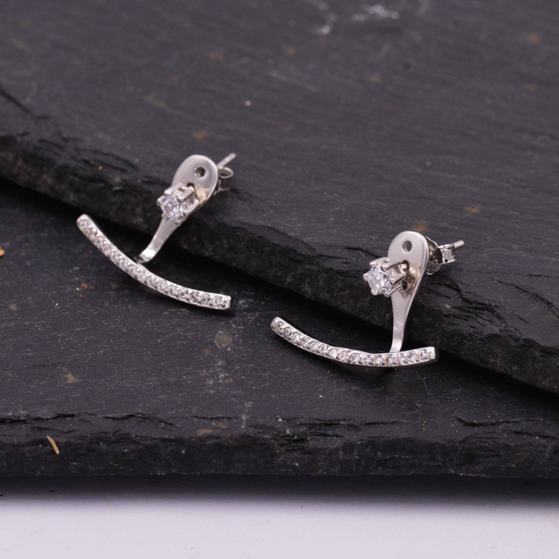 sterling Silber Vorder - Und Rückseite Ohrstecker Ohrringe Mit Funkelnden Kristallen, Gebogene Bar Crawler Jacke von SilverRainSilver