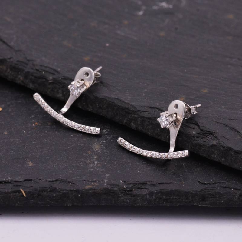 sterling Silber Vorder - Und Rückseite Ohrstecker Ohrringe Mit Funkelnden Kristallen, Gebogene Bar Crawler Jacke von SilverRainSilver