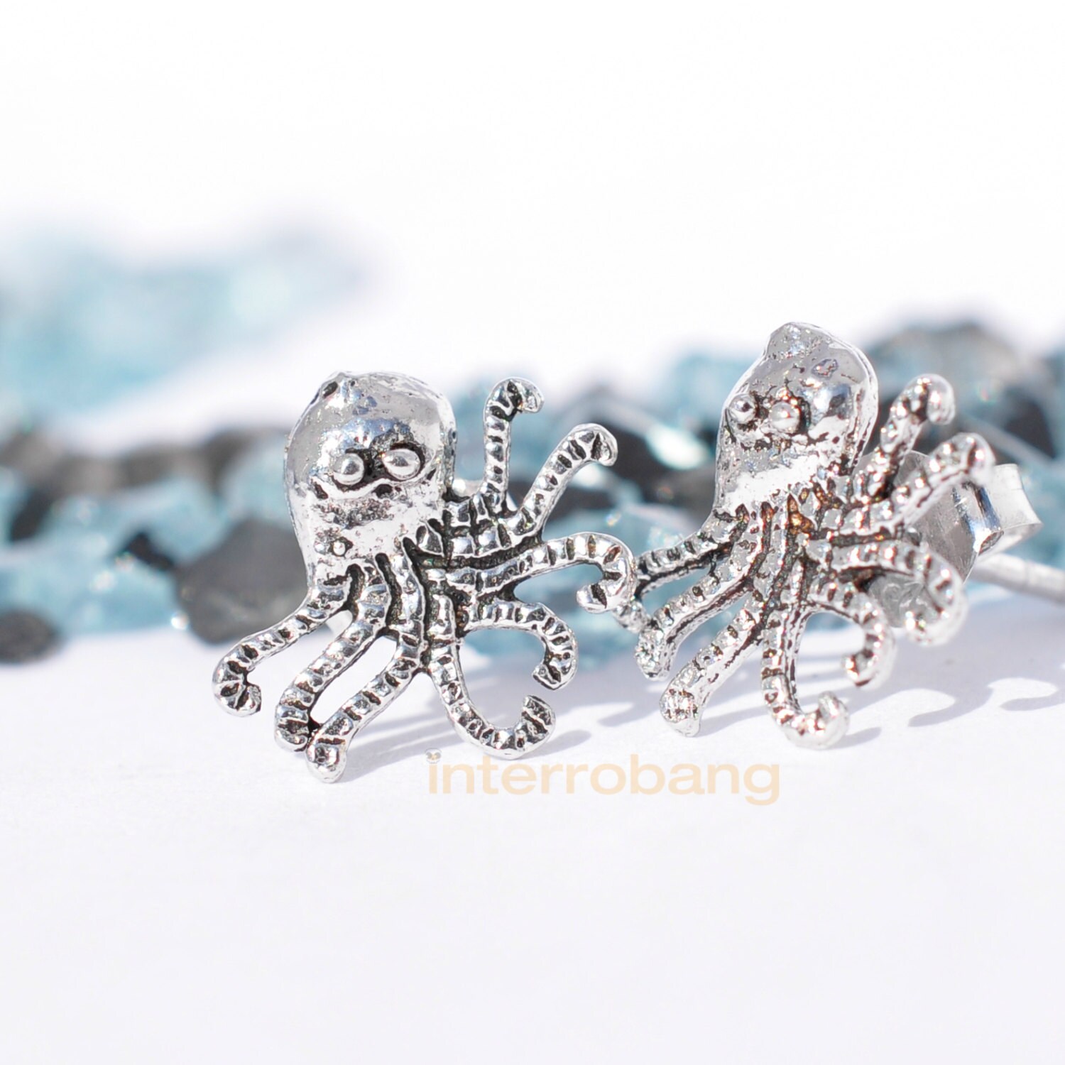 Niedliche Oktopus Ohrstecker Aus Sterling Silber in Weißgold Vergoldet, Ozean, Meerestiere, Marine Schmuck von SilverSkullEarrings