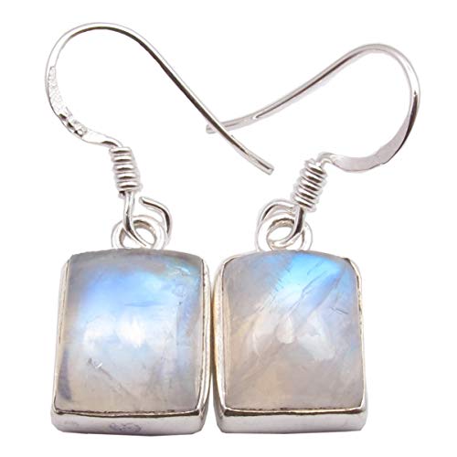 SilverStarJewel 925 massives Sterling Silber natürliches Rechteck Regenbogen Mondstein Ohrringe 3 cm von SilverStarJewel