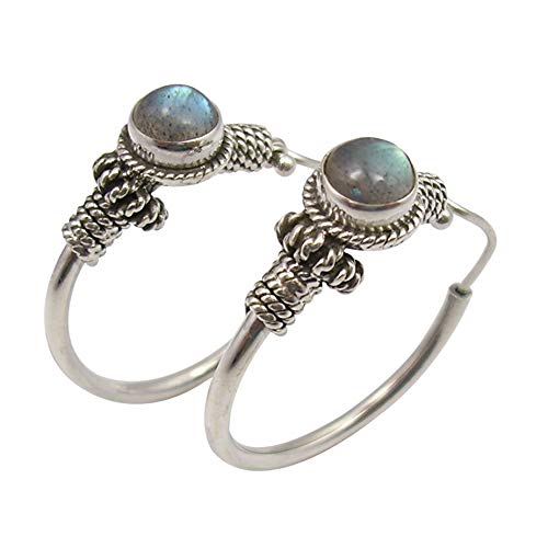 SilverStarJewel Cabochon Labradorite Antik Stil Creolen 3 cm Sterling Silber Gedenktag Beste Verkäufe von SilverStarJewel