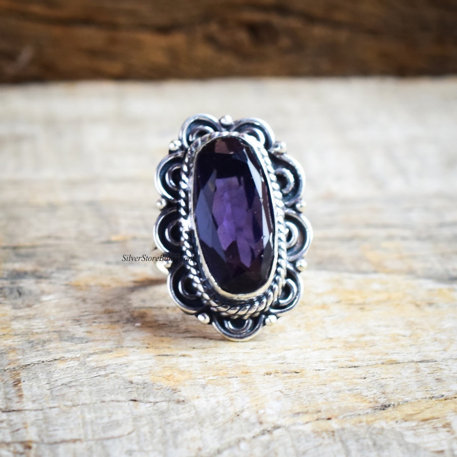 Amethyst Ring, 925 Sterling Silber Statement Erstaunlicher Handgemachter Naturstein Ehering, Geschenk Für Sie von SilverStoreBaniThani