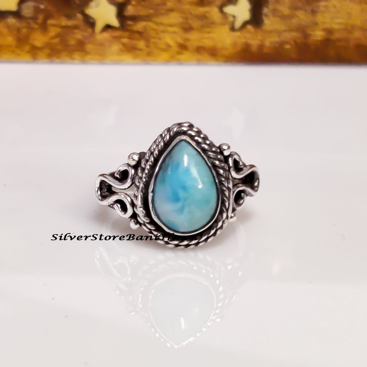 Larimar Ring, 925 Sterling Silber Handgemachter Birnenform Blauer Stein Ehering, Natürlicher Geschenk Für Frauen von SilverStoreBaniThani