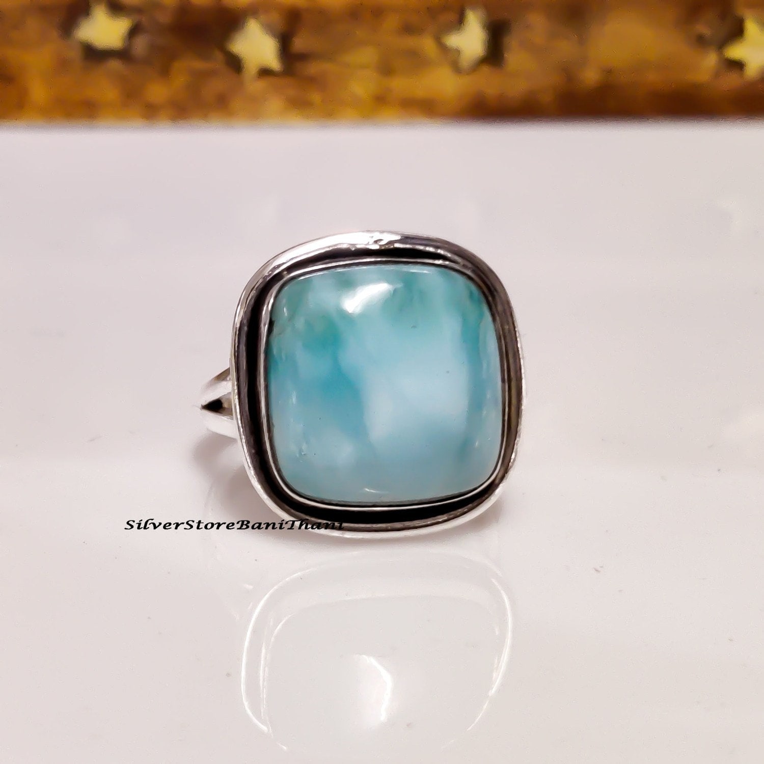 Larimar Ring, 925 Sterling Silber Statement Handgemachter Blauer Stein Frauen Geburtsstein Geschenk Für Sie von SilverStoreBaniThani