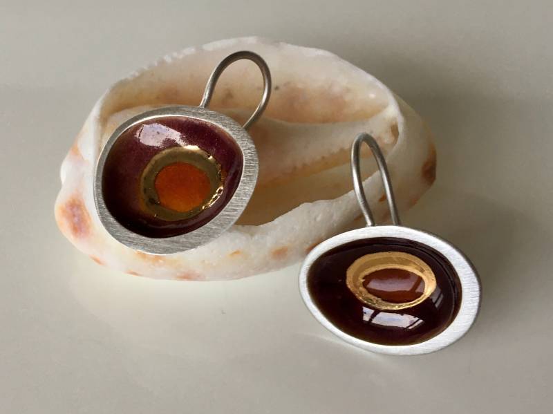 Enamel Earrings. Pendant With Liquid Gold Pattern. Jewellery Set. 925 Sterling Silver. Oval Ring von SilverStudioStore