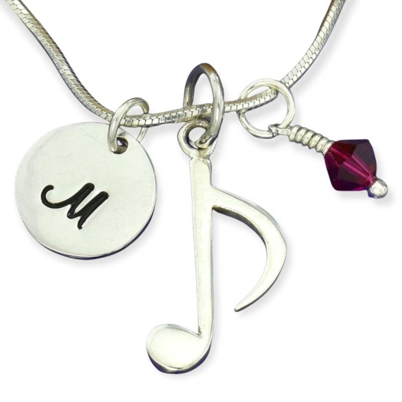 Handgestempelte Sterling Silber Anfangs-Halskette Musiknote & Geburtsstein-Anhänger von SilverXL
