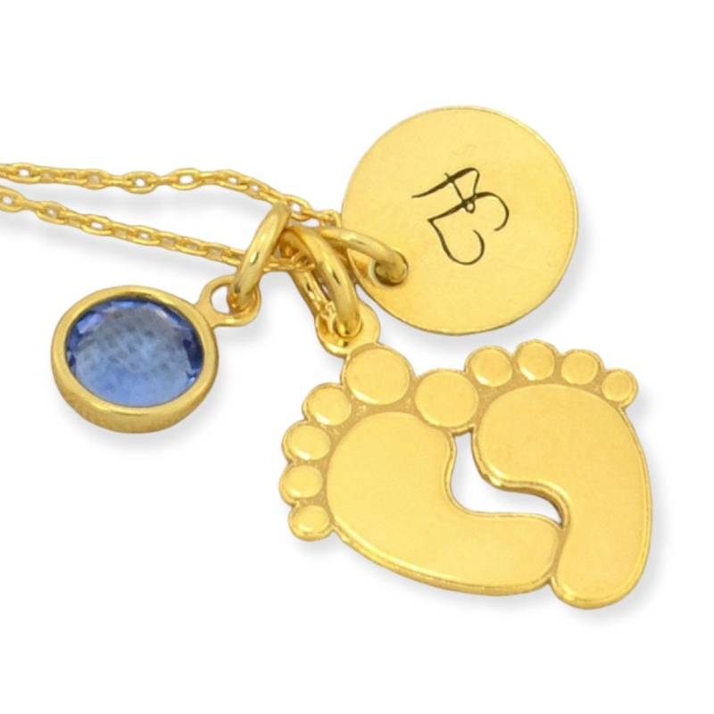sterling Silber Baby Feet Halskette Gold Initial Plättchen & Swarovski Geburtsstein von SilverXL