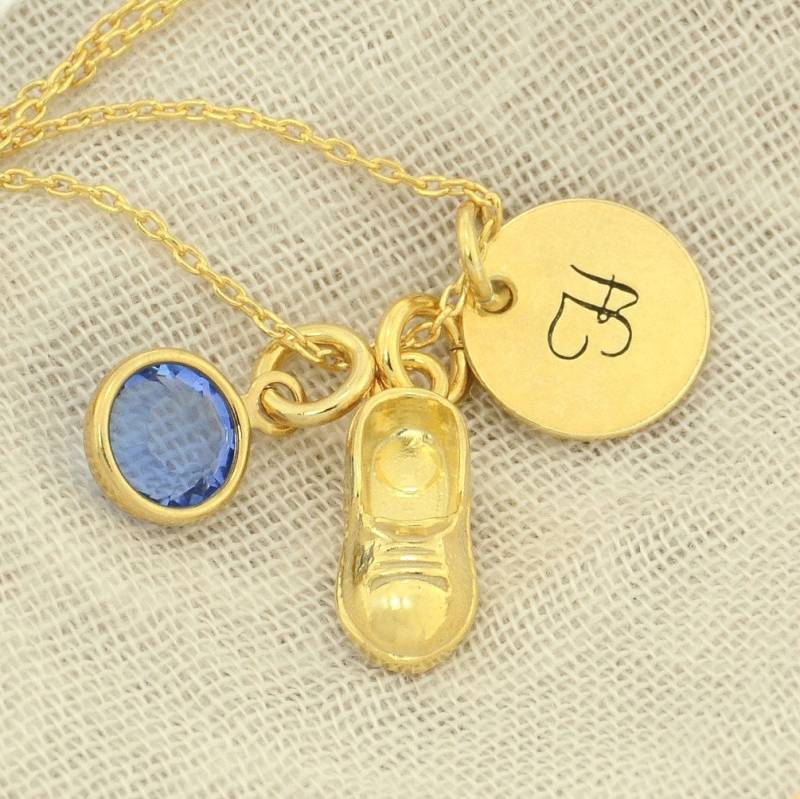 Gold Baby Schuh Kette Sterling Silber Swarovski Geburtsstein, Initial Anhänger von SilverXL