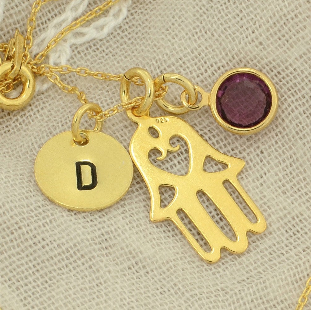 Gold Hamsa Kette Sterling Silber, Swarovski Geburtsstein, Initial Plättchen von SilverXL