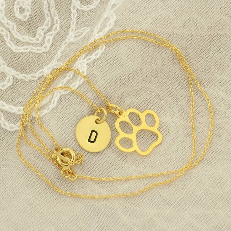 Gold Sterling Silber Pfote Abdruck Halskette Benutzerdefinierte Initial Haustier Anhänger von SilverXL