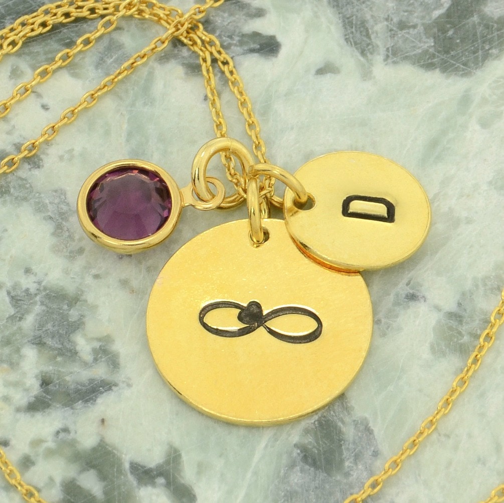 Gold Sterling Silber Unendlichkeit Anhänger Halskette Swarovski Geburtsstein, Initial Plättchen von SilverXL