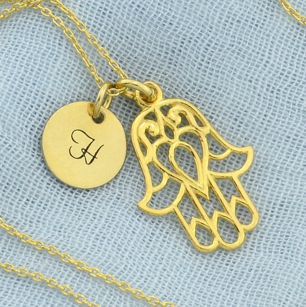 Hamsa Hand Anhänger Benutzerdefinierte Gold Sterling Silber Anfangsbuchstaben Personalisierte Angepasste Disc Halskette Kette von SilverXL