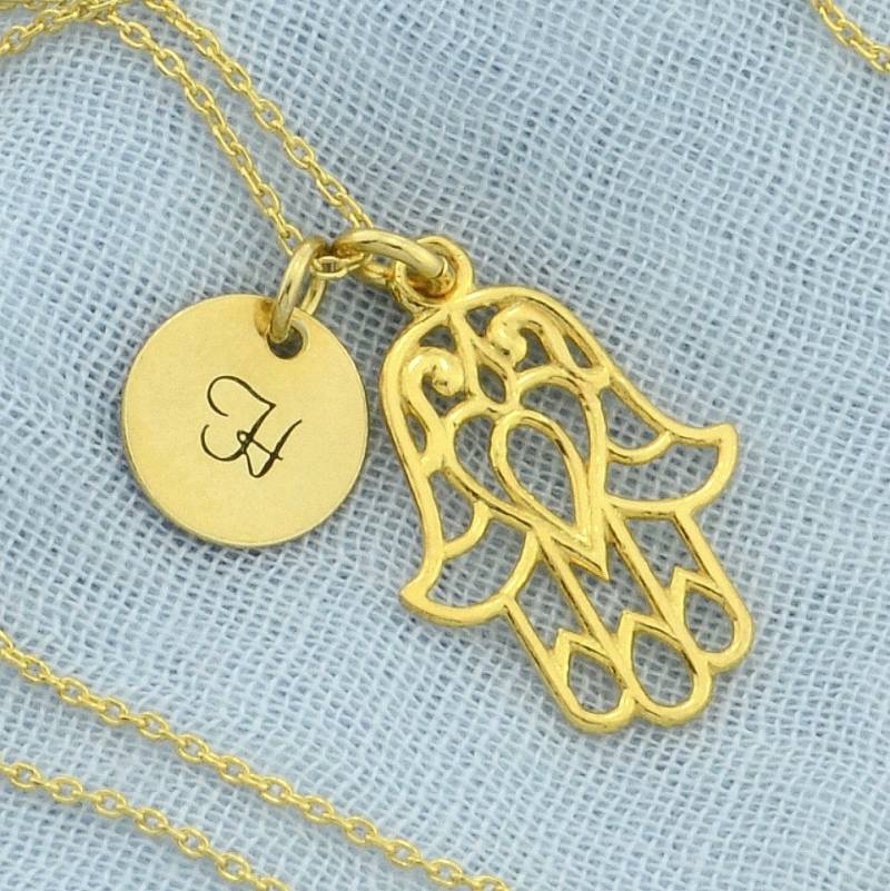 Hamsa Hand Anhänger Benutzerdefinierte Gold Sterling Silber Anfangsbuchstaben Personalisierte Angepasste Disc Halskette Kette von SilverXL