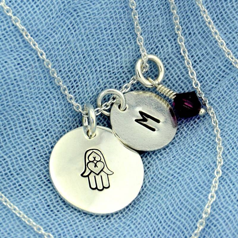sterling Silber Hamsa Halskette Swarovski Geburtsstein, Initial Anhänger von SilverXL