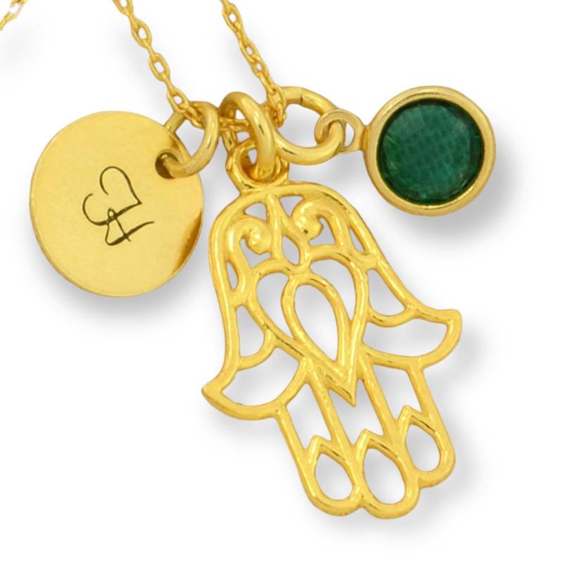 Gold Hamsa Hand Halskette Sterlingsilber Initial Plättchen & Geburtsstein von SilverXL