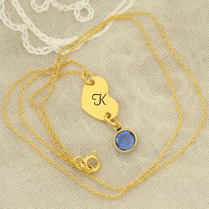 Gold Sterling Silber Herz Halskette Swarovski Geburtsstein, Personalisierte Initiale von SilverXL