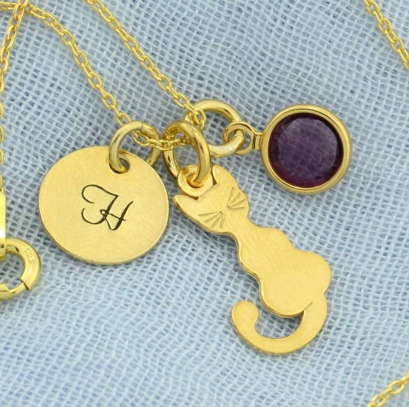 24K Gold Katzenkette Sterling Silber, Swarovski Geburtsstein, Initialanhänger von SilverXL