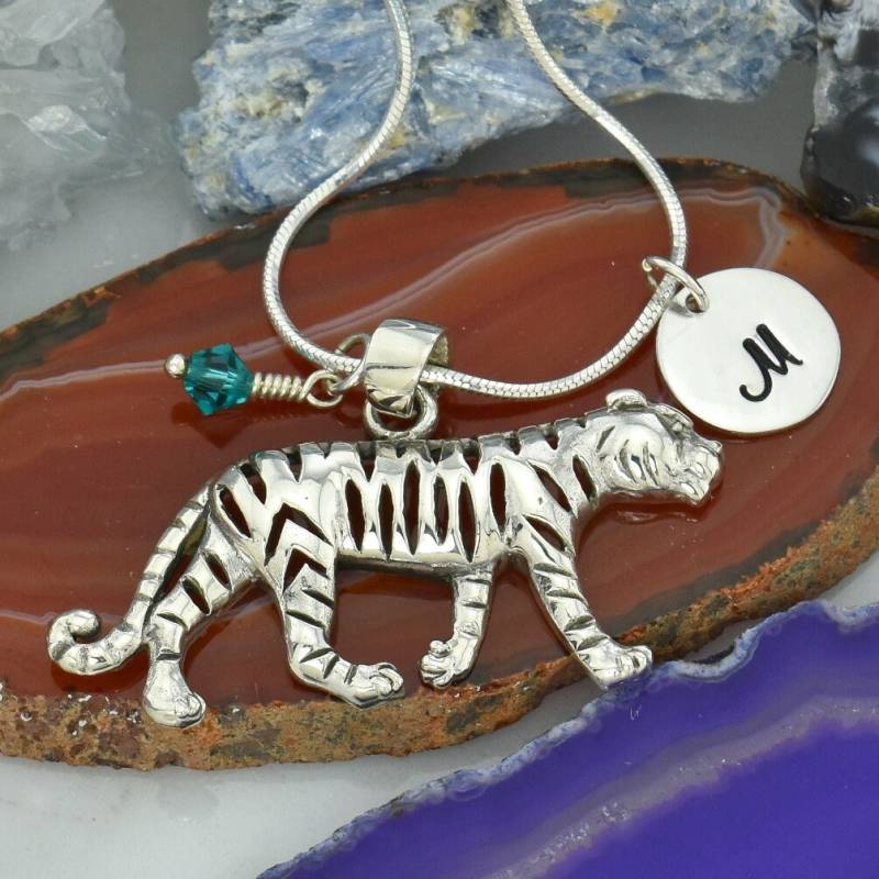 Personalisierter Sterling Silber Tiger Anhänger Initial & Birthstone Halskette von SilverXL