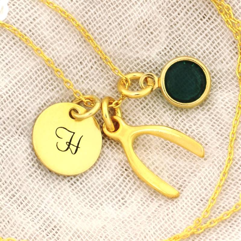 Gold Wishbone Halskette Sterling Silber Initial & Geburtsstein Anhänger von SilverXL