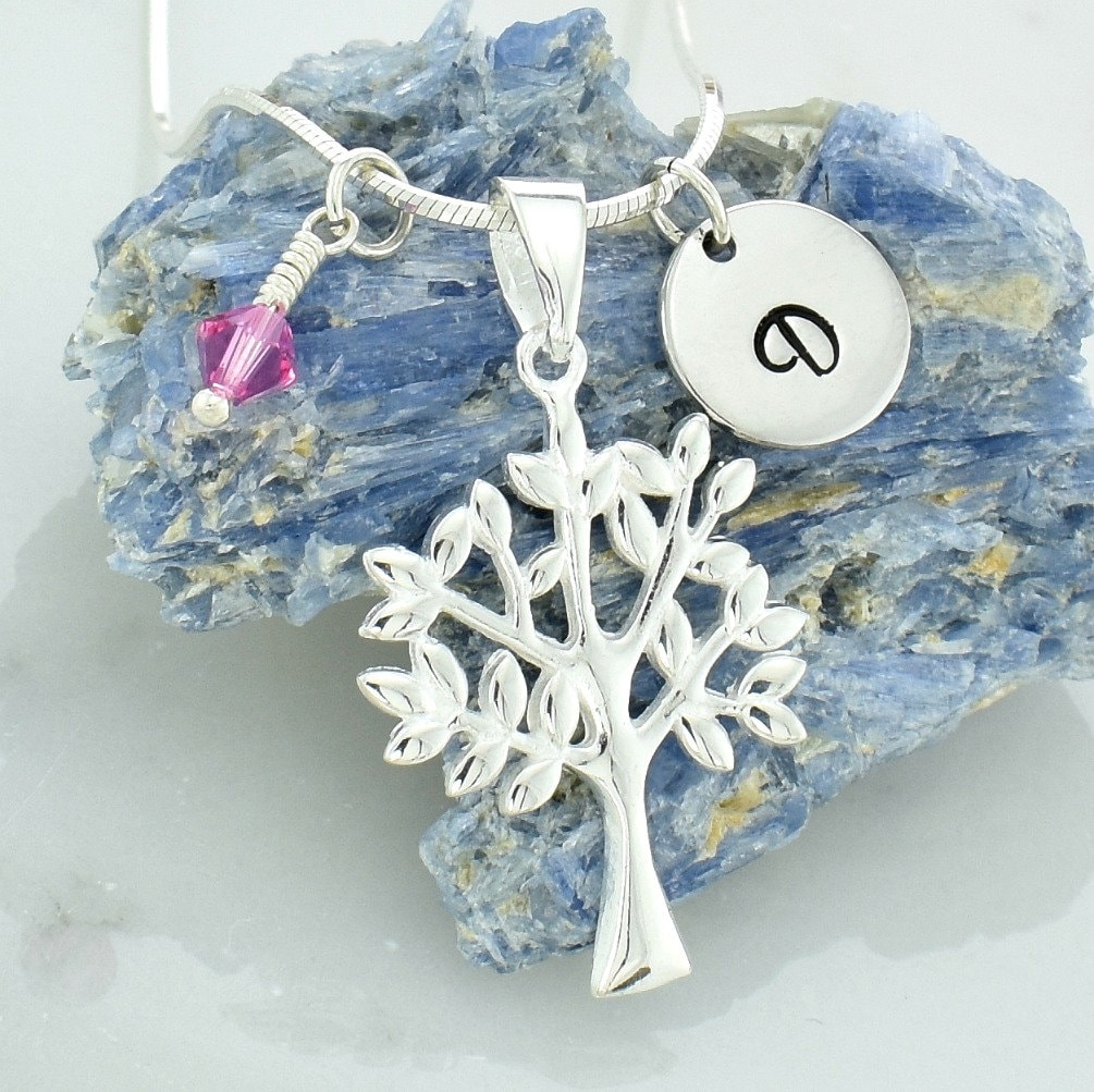 sterling Silber Baum Des Lebens Halskette Benutzerdefinierte Initiale & Geburtsstein von SilverXL