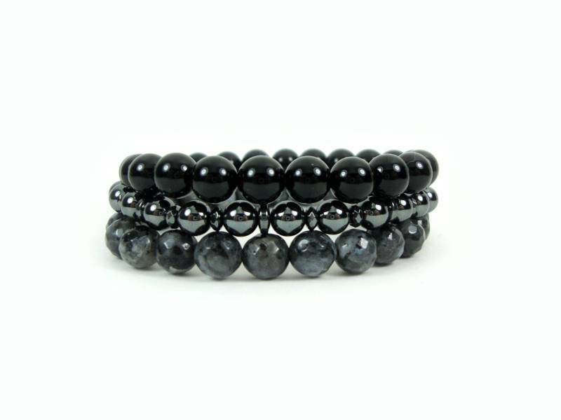 Stapeln Armband Triple Set Onyx - Hämatit Larvikit, Stapel, Männer Frauen Armband, Unisex Armbänder, Stein von SilveradoJewellery
