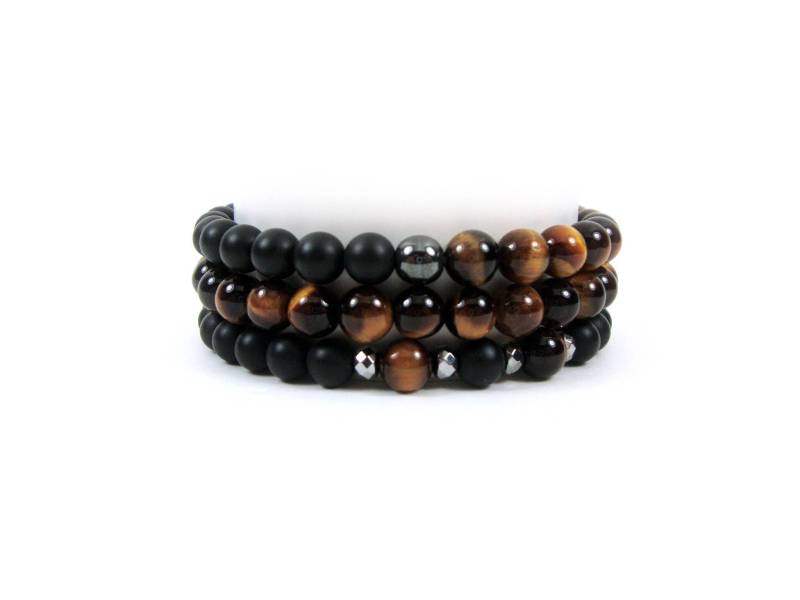 Stapeln Armband Triple Set Tiger Eye - Matt Onyx Hämatit, Stapel, Männer Frauen Armband, Unisex Armbänder, Satz Stapel von SilveradoJewellery