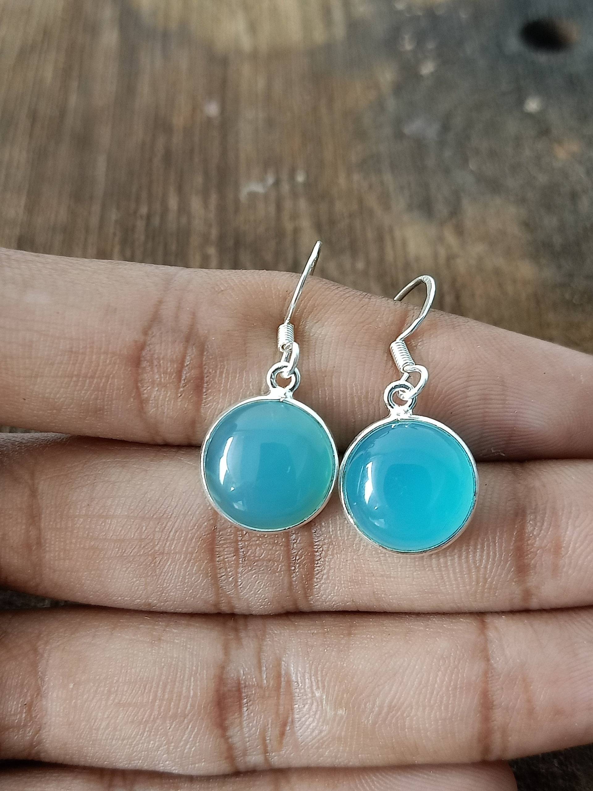 Aqua Calci Edelstein Ohrringe, Baumeln Silber Schmuck, Sterling 925, Rund Geformt, Geschenk Für Sie von Silverboho925