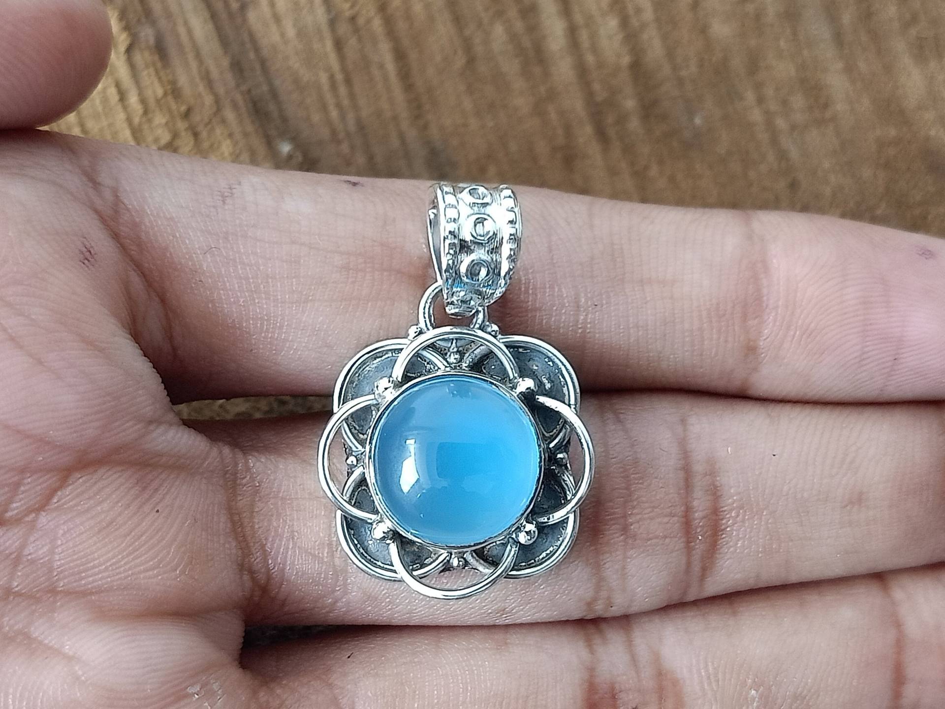 Blauer Calci Anhänger, Sterling Silber Runder Schmuck, 925, Geschenk, Boho Geschenkartikel von Silverboho925