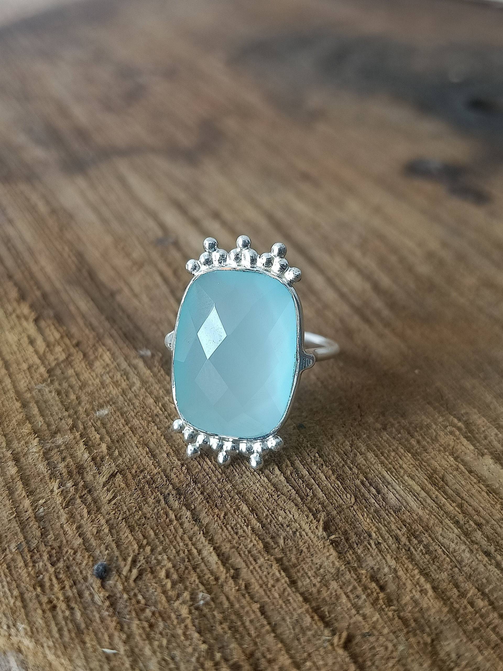 Boho Statement Ring - Aqua Calci Sterling Silber Handgefertigter Ring-Boho Chalcedon Ringe, Rechteck von Silverboho925