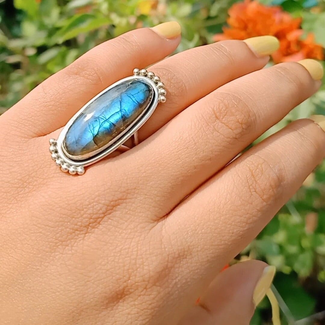 Labradorit Blauer Stein Ring, Handgemachter Mittelfinger Großer Boho Hippie Schmuck, Silber Ring von Silverboho925