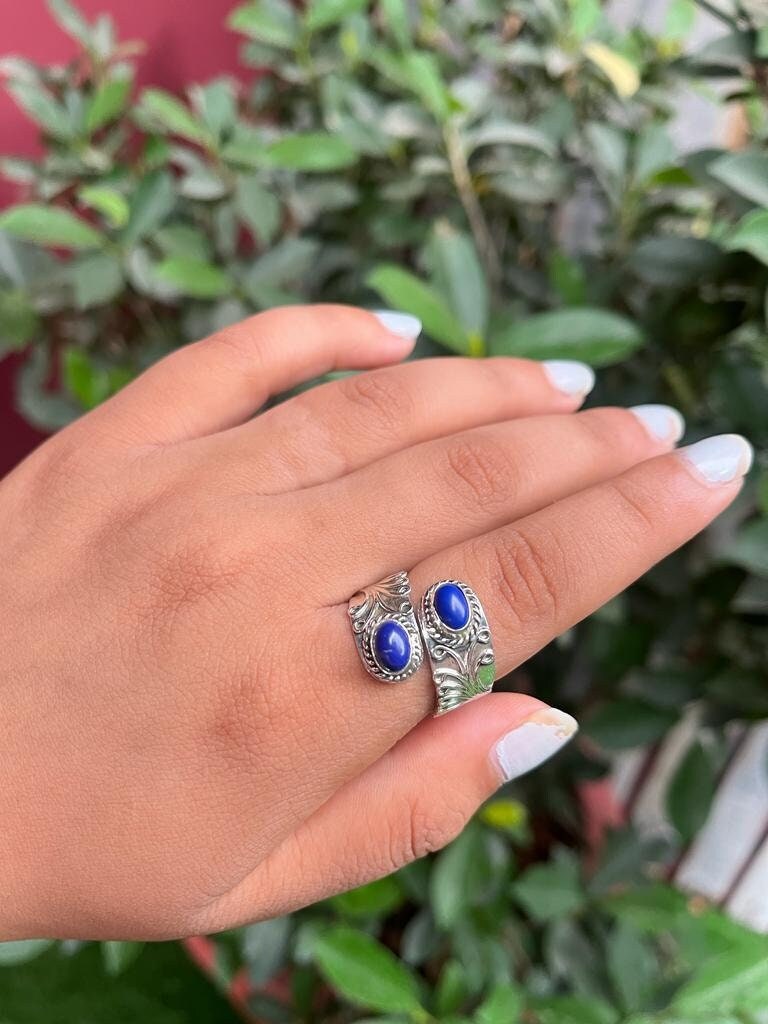 Lapislazuli Dual Stone Ring, Blauer Edelstein Handgemachter Boho Schmuck, Naturstein Sterling Silber 925 von Silverboho925