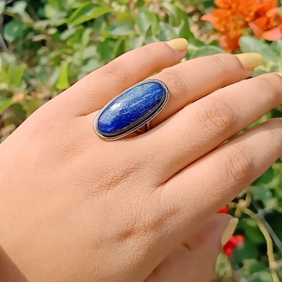 Lapislazuli Silber Ring, Blauer Edelstein Ring Stein Handgemachter Boho Schmuck, Naturstein Silver925 von Silverboho925