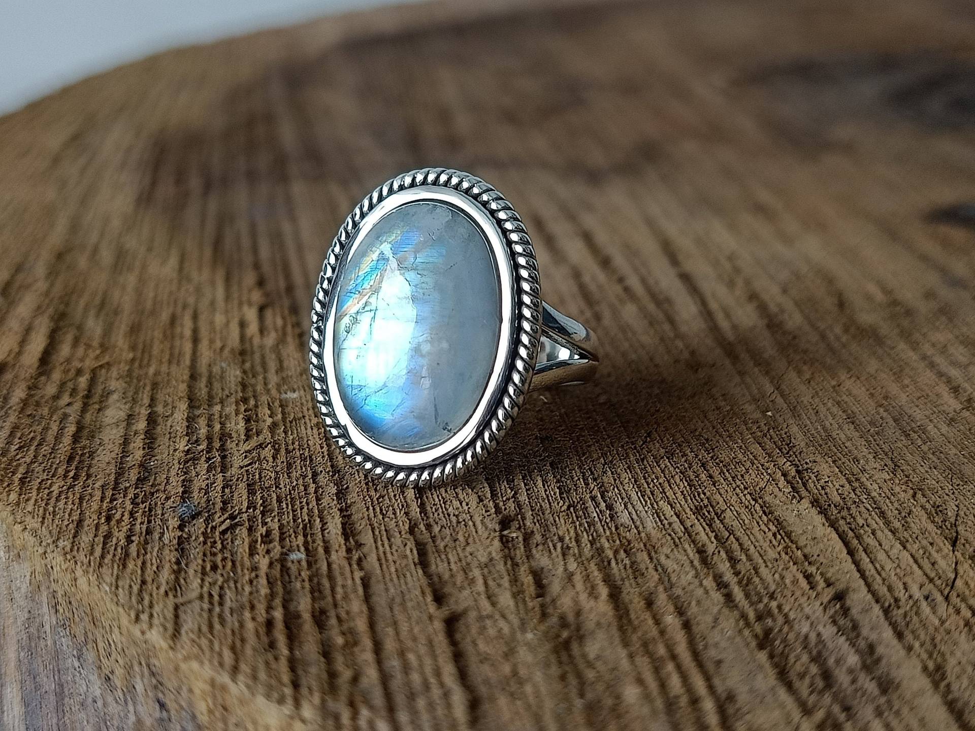 Regenbogen Mondstein Ring, Unikat Boho Blaustein Silber Schmuck, Napoleon Ringe von Silverboho925