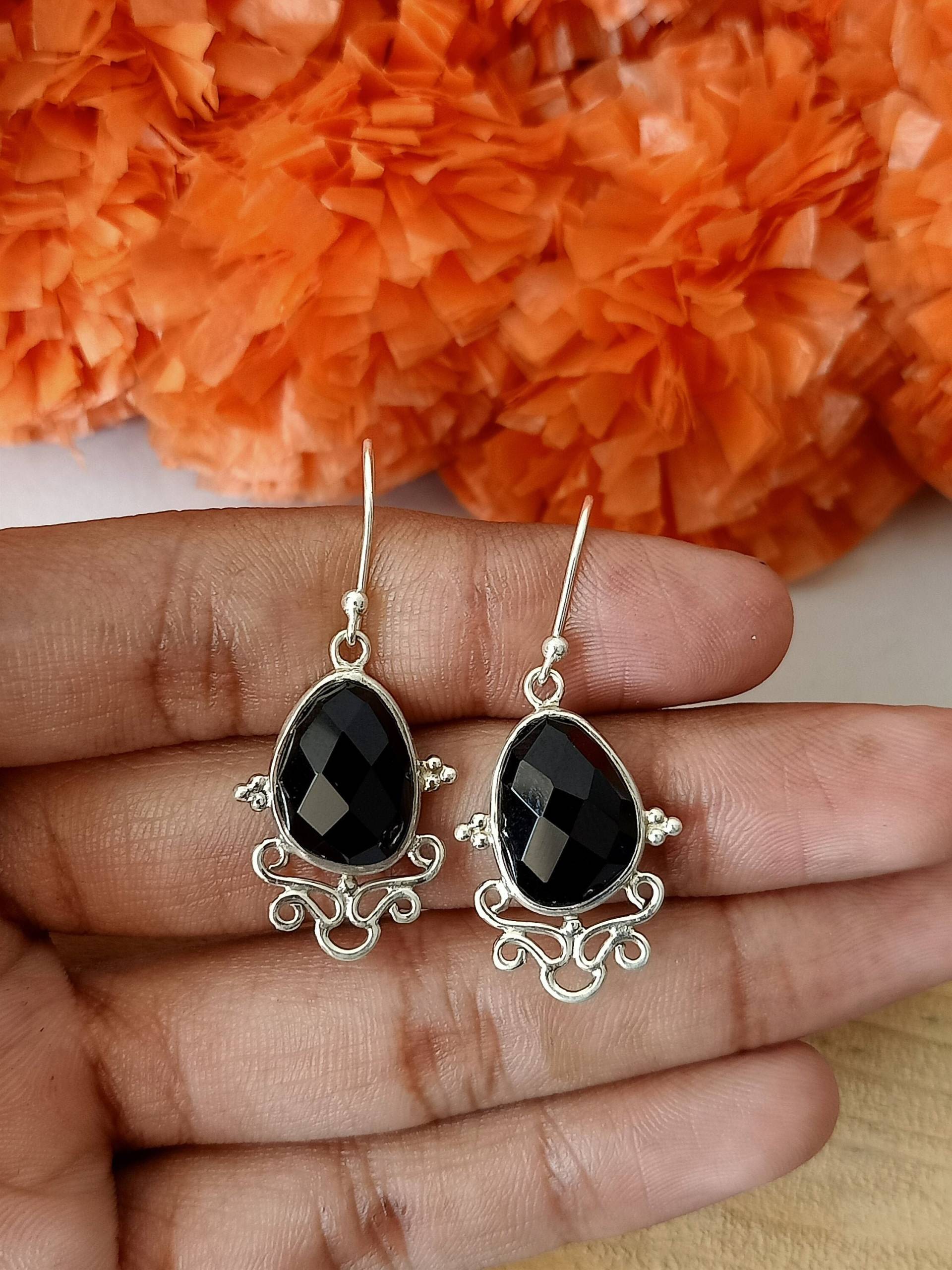 Schwarzer Onyx Sterling Silber Ohrring, Schwarzer Ohrhänger, Schmuck, 925, Birnenform, Geschenk Für Sie von Silverboho925