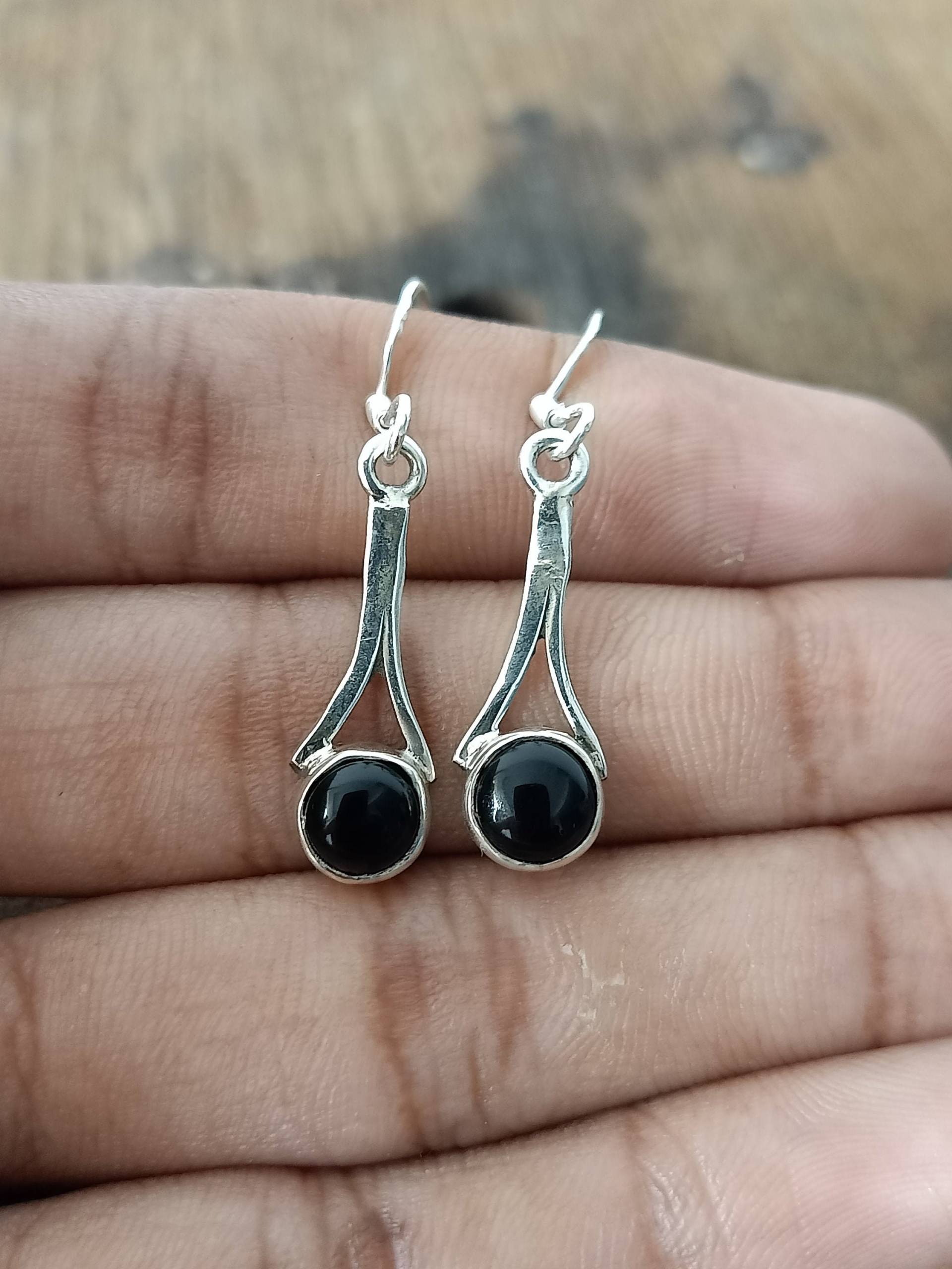 Schwarzer Onyx Sterling Silber Ohrring, Schwarzer Ohrhänger, Schmuck, Silber, Rund Geformt, Geschenk Für Sie von Silverboho925