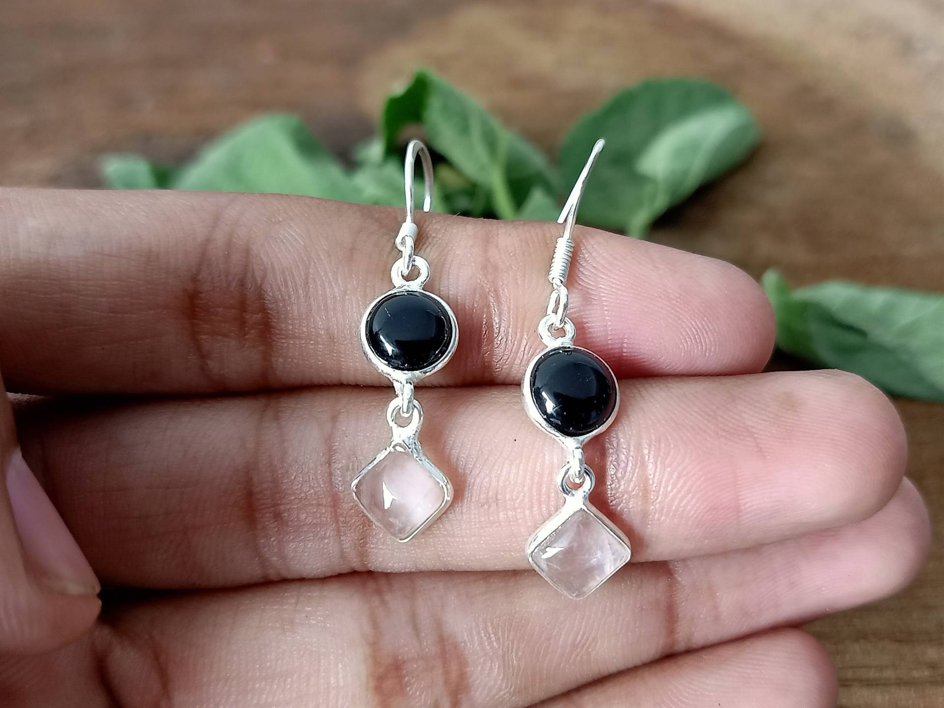 Schwarzer Onyx Und Rosenquarz Ohrring, Quarz Ohrringe, Ohrhänger, Schmuck, Sterling Silber 925, 925 von Silverboho925