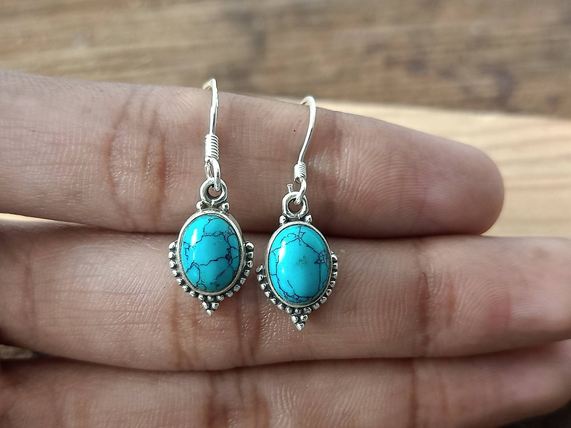 Türkis Edelstein Ohrringe, Silber Schmuck, Sterling 925, Oval Geformt, Geschenk Für Sie von Silverboho925