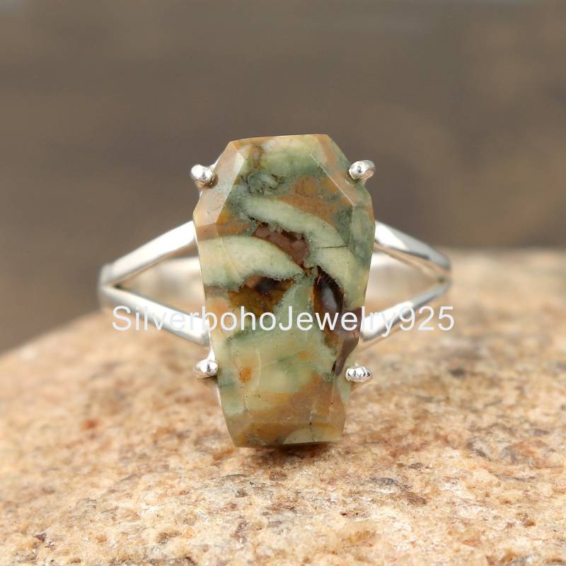 Aaa + Regenwald Jaspis Sterling Silber, Sarg Ring, Prong 925 Edelstein-Sarg Frauen Ring von SilverbohoJewelry925