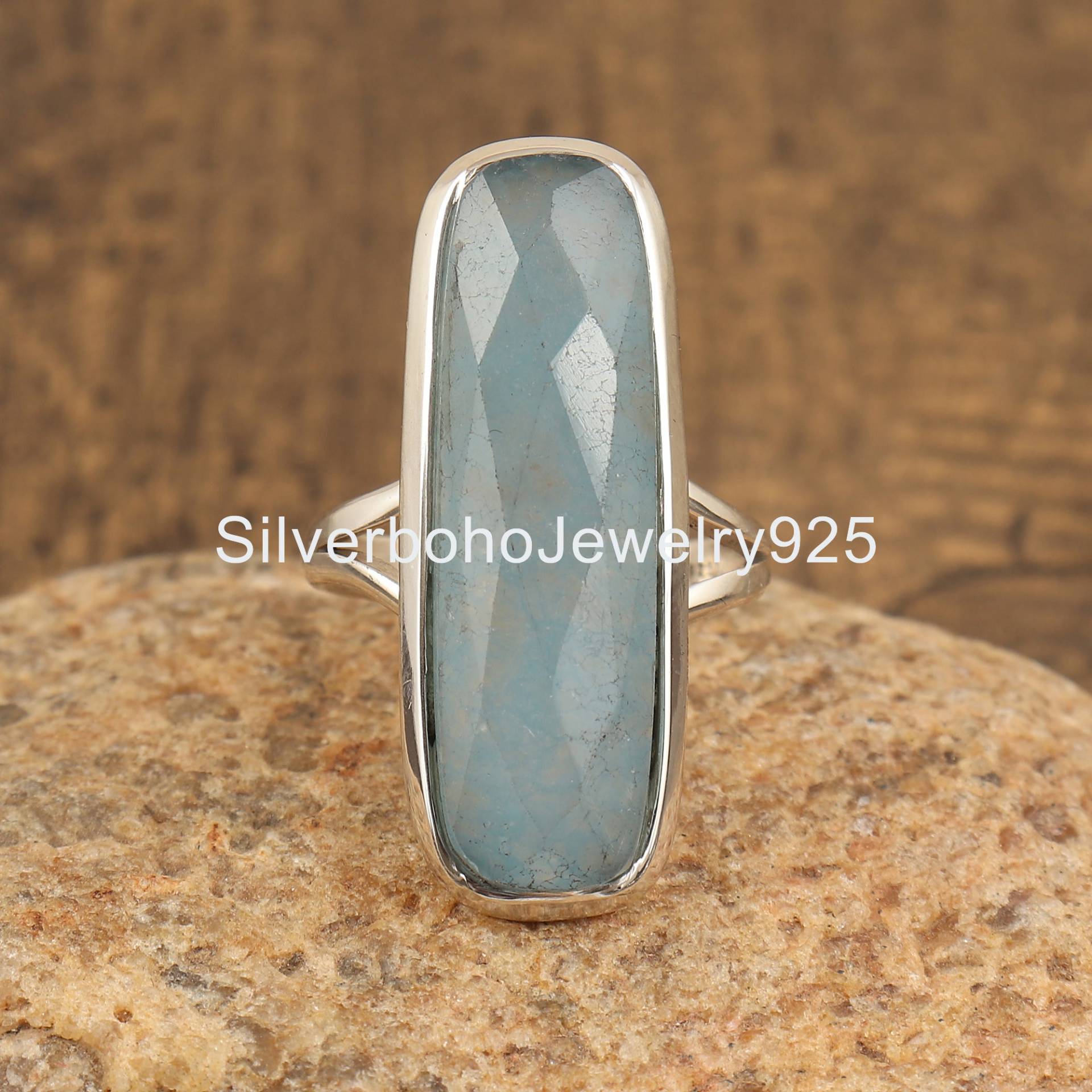 Aqua-Jade-Ring, Sterling-Silber-Ring Für Frauen, Jade-Edelstein-Ring, Statement-Boho-Ring, Geschliffener Stein-Ring, Rechteckiger Jade-Ring von SilverbohoJewelry925