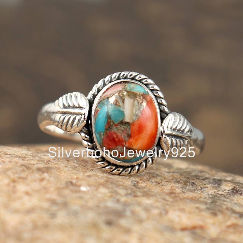 Auster Kupfer Türkis Ring, Edelstein Frauen Silber Oval Form Einzigartige Boho Verkauf von SilverbohoJewelry925