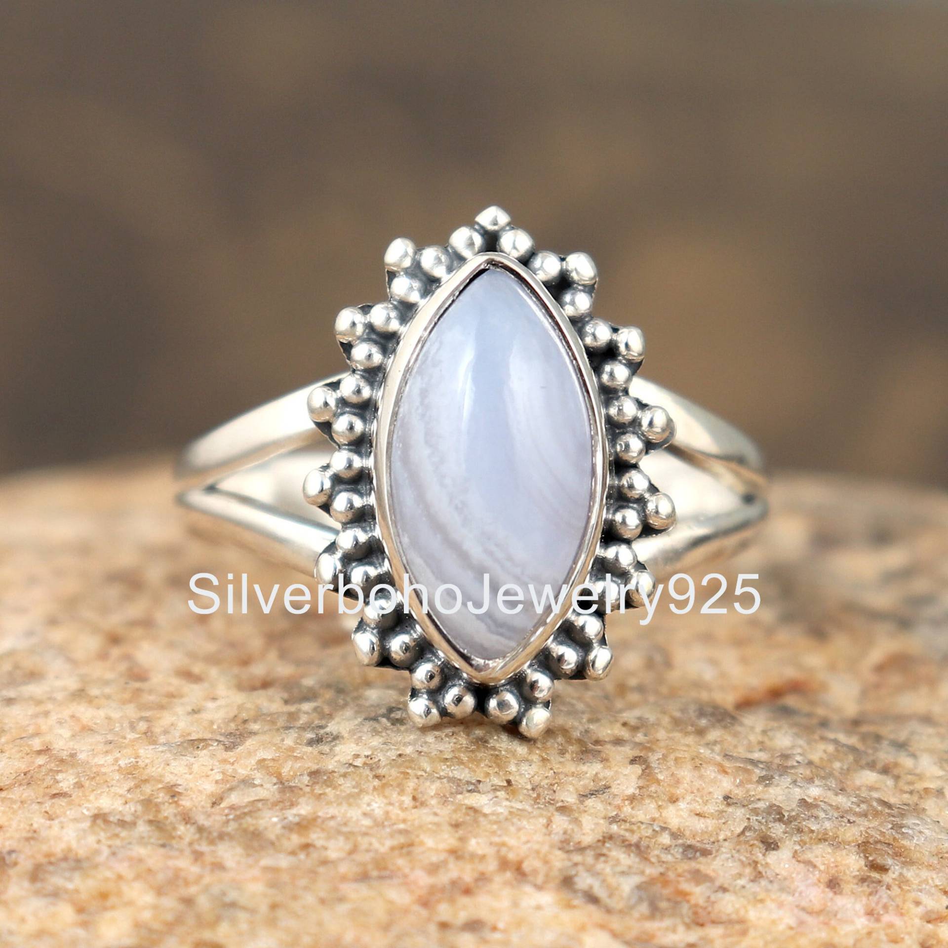 Blauer Spitzen Achat Ring, Edelstein Einzigartiger Stein Geschenk Für Sie, 925 Silber Frauen Marquise Zierliche Ring von SilverbohoJewelry925