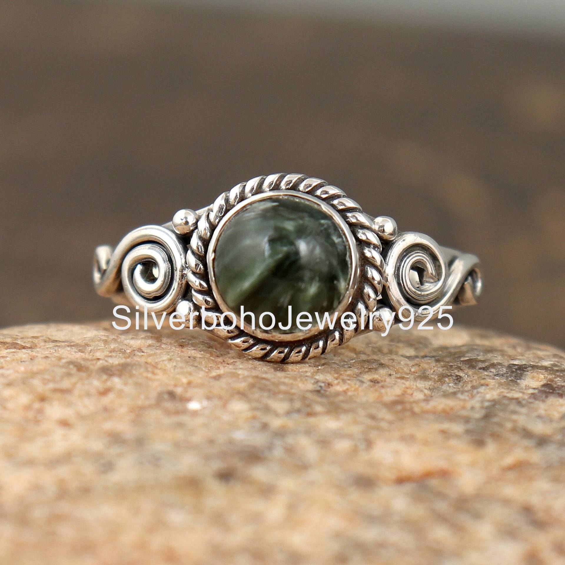 Grün Serphinit Ring, Edelstein Handgemachter Runder Stein Seraphinit Antike Frauen 925 Silber Geschenk Sie Grün Serphinit Ring, Edelstein Handgemachter Runder Stein Seraphinit Antike Frauen 925 Silber Geschenk Sie von SilverbohoJewelry925