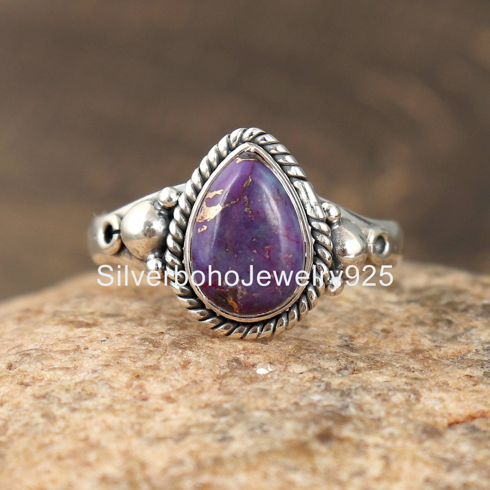 Lila Kupfer Türkis Ring, Einzigartige Boho Silberring, Frauen Antique Ring von SilverbohoJewelry925