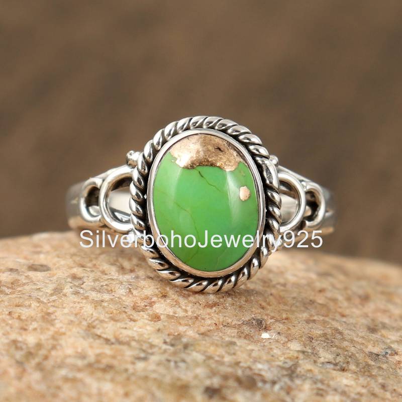 Natürlicher Grüner Kupfer Türkis Ring, 925 Silber Handgemachter Marquise Edelstein Frauen Gold Ring von SilverbohoJewelry925