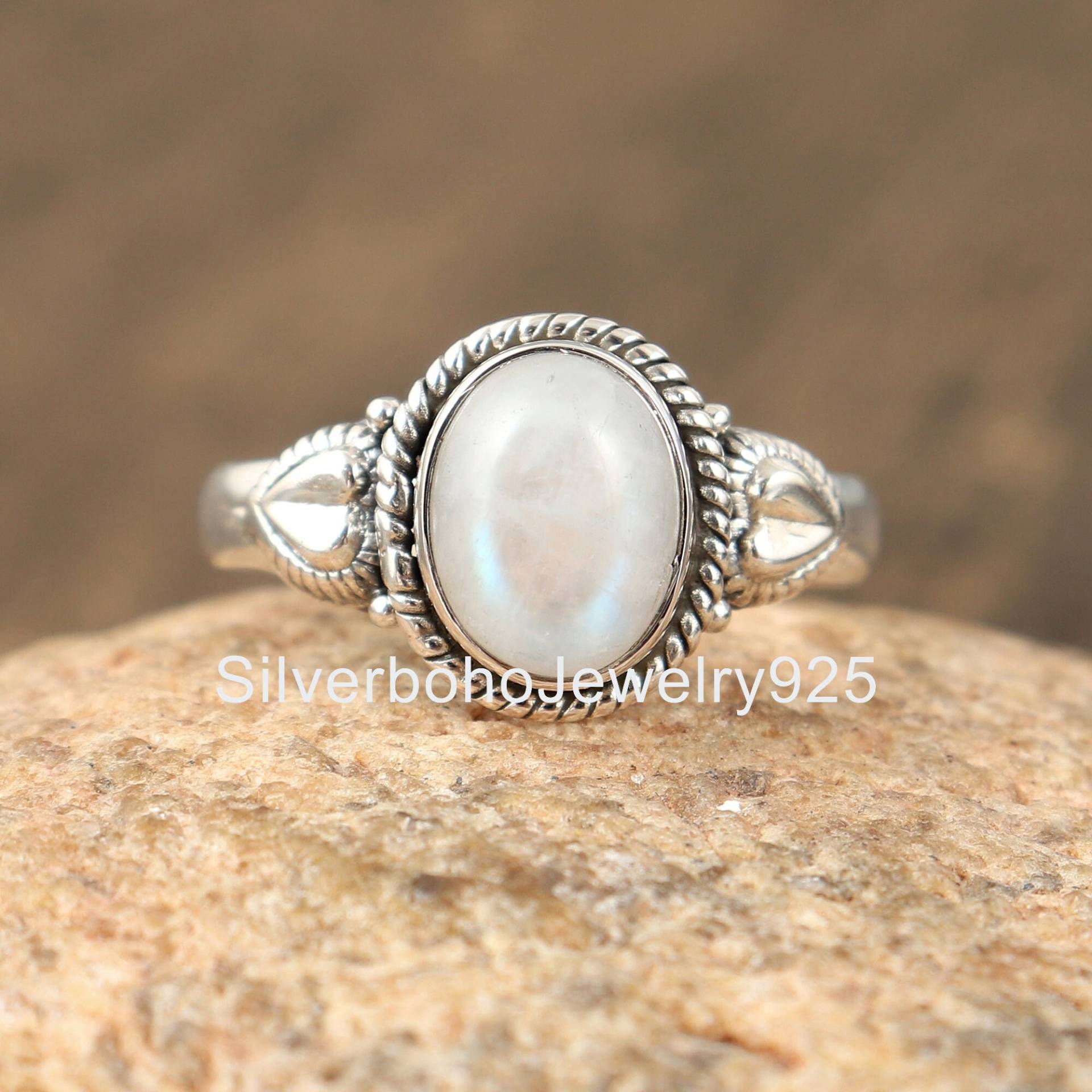 Regenbogen Mondstein Ring, Oval Silber Weißer Geschenk Für Sie, Einzigartige Ring Frauen, Ehering von SilverbohoJewelry925