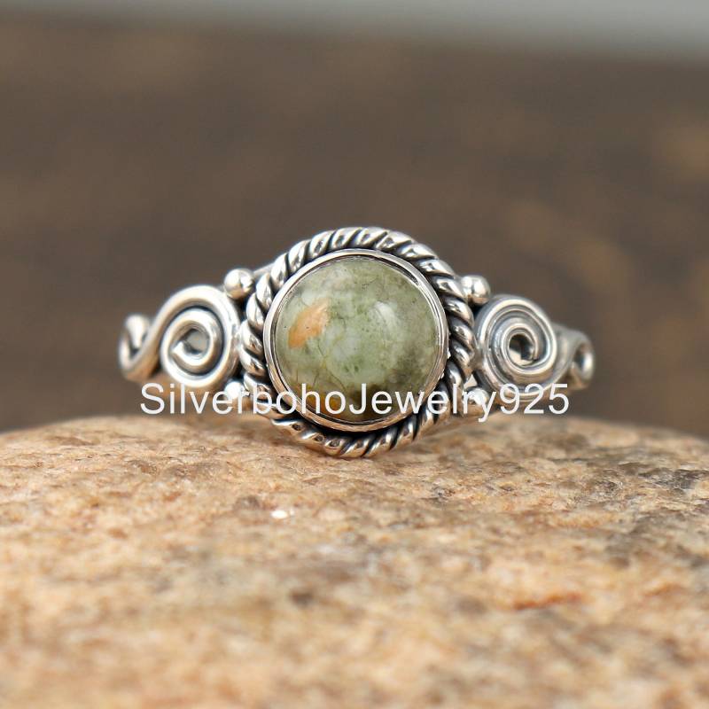 Regenwald Jaspis Ring, Edelstein 925 Sterling Silber Stein Runder Einzigartiger Boho Frauen Schmuck von SilverbohoJewelry925