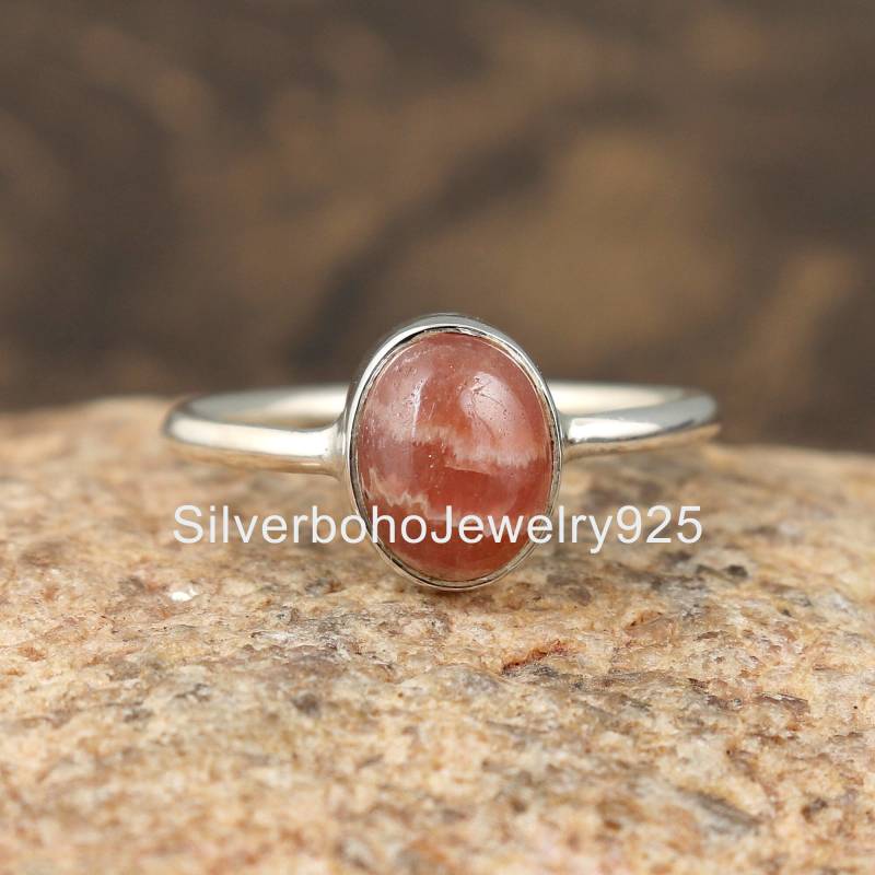 Rhodochrosit Ring, Naturstein Zierliche Oval Form 925 Silberring, Geschenk Für Jahrestag, Frauen Verkauf von SilverbohoJewelry925