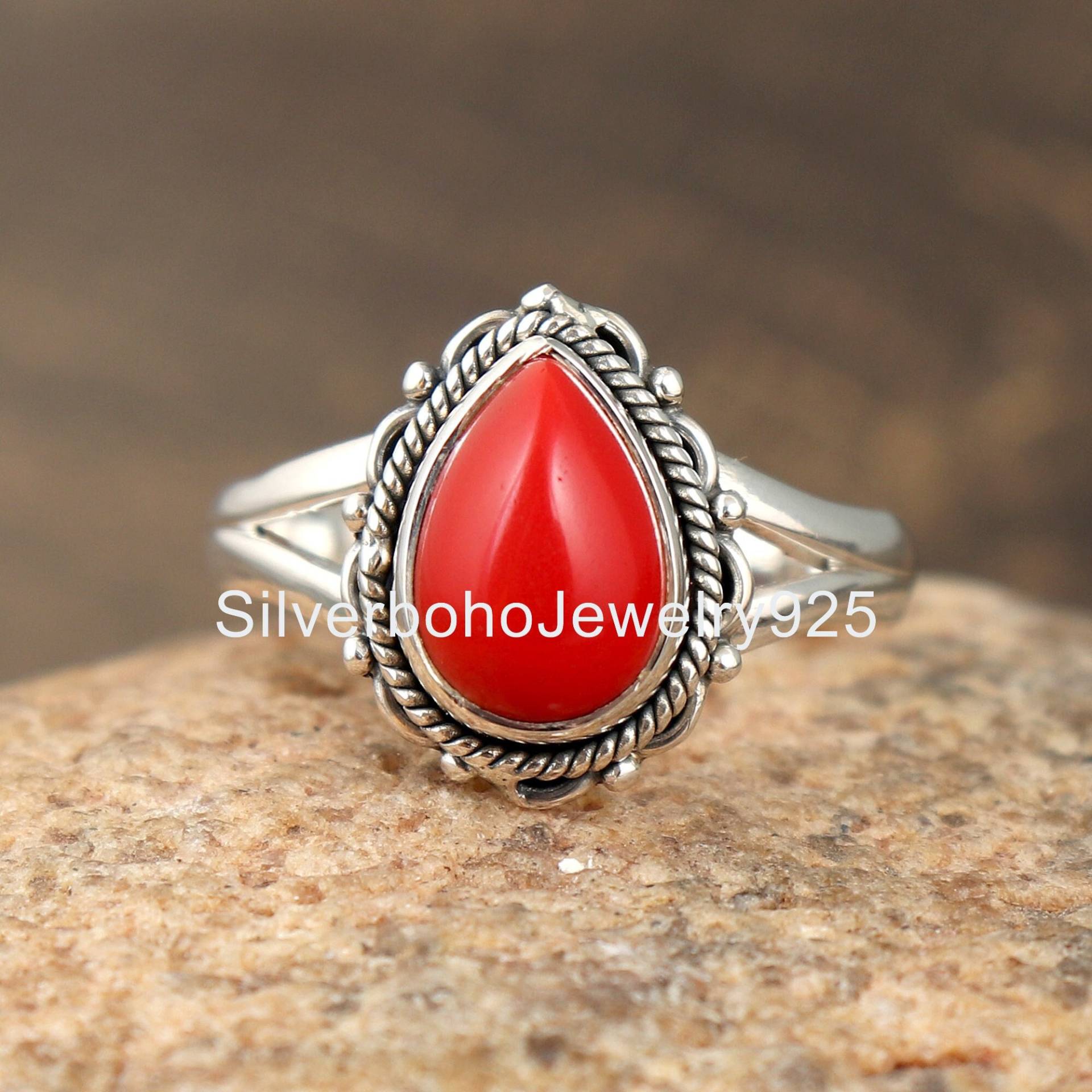 Rote Koralle Ring, Edelstein Stein Ring 925 Silber Birthstone Birnen Schmuck, Zierlicher Frauen von SilverbohoJewelry925