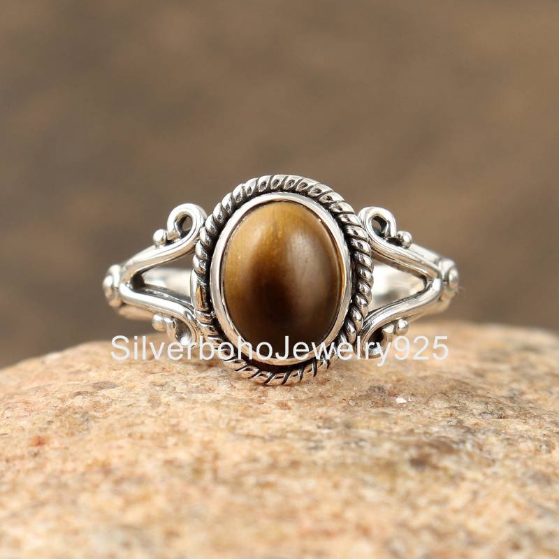 Tigerauge Ring, Frauen Handgemachte Geschenk Für Mama, Gelb Jeden Tag Zierliche Oval Antiker Heißer Verkauf von SilverbohoJewelry925