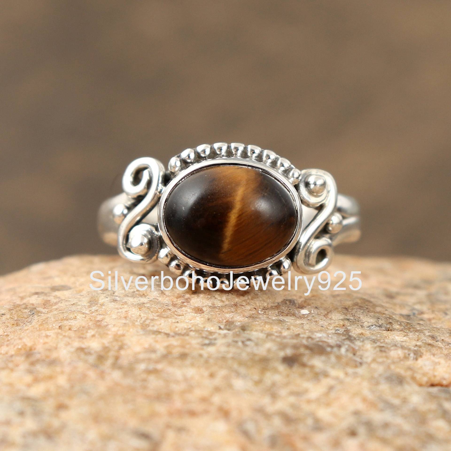 Tigerauge-Ring - Edelstein-Ring Aus Sterlingsilber Statement-Edelstein-Ring, 7 X 9 Mm Ovaler Ring, Edelstein-Ring, Boho-Schmuck, Frauen-Ring von SilverbohoJewelry925